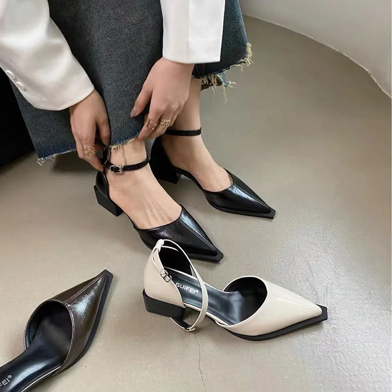 Pointed Toe Sexy Sandals Women Mid Heels Party Shoes Summer 2024 Pumps New Fashion Slippers Chunky Female Dress Zapatos Shallow