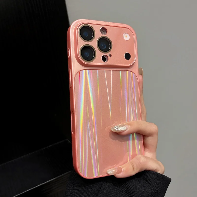 Premium Laser Iridescent CD Texture Large Window Camera Lens Proteciton Phone Cover Case for iPhone 17 16 15 14 13 Pro Max