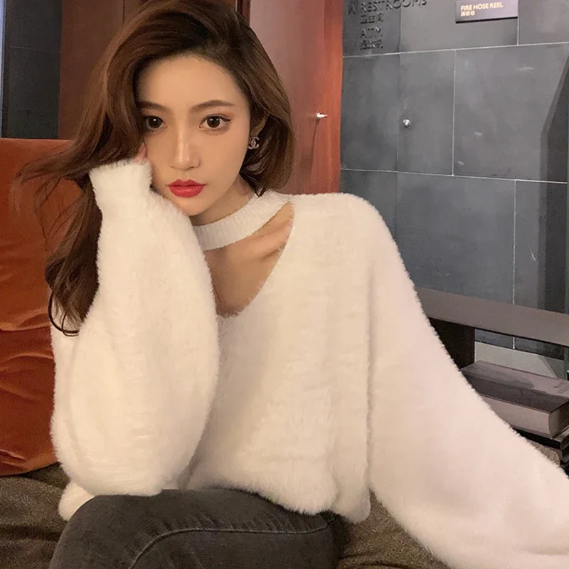 

Halter V-Neck Loose Knitted Sweater Women Mink Cashmere Jumpers Oversized Elastic Casual Pullovers Lantern Sleeve Vintage G31