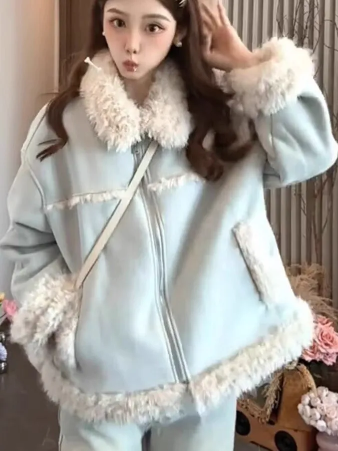 

Женская утепленная куртка из овечьей шерсти, повседневный свободный крой, корейский стиль, теплая короткая куртка для осени и зимы, новинка