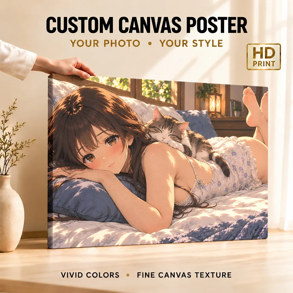 Anime Girl Resting Cat Canvas Print With Wooden Frame Personalized Photo Colorful Character Illustration Wall Art For Bedroom