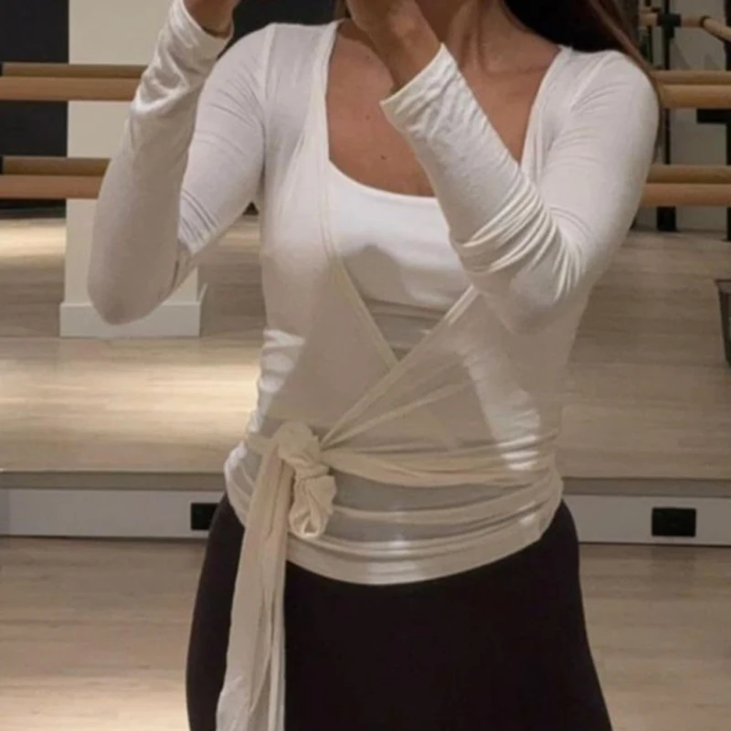 Women Sexy Wrap Crop Tops Shirts Long Sleeve Deep V Neck Tie Workout Ballet Pilates Yoga T-Shirts with Thumb Holes Cropped Tops