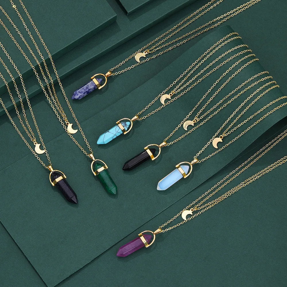 2022 Hexagonal Cylindrical Crystal Necklace Natural Stone Pendant Wire Wrap Stone Necklace for Women Men Fashion Jewelry