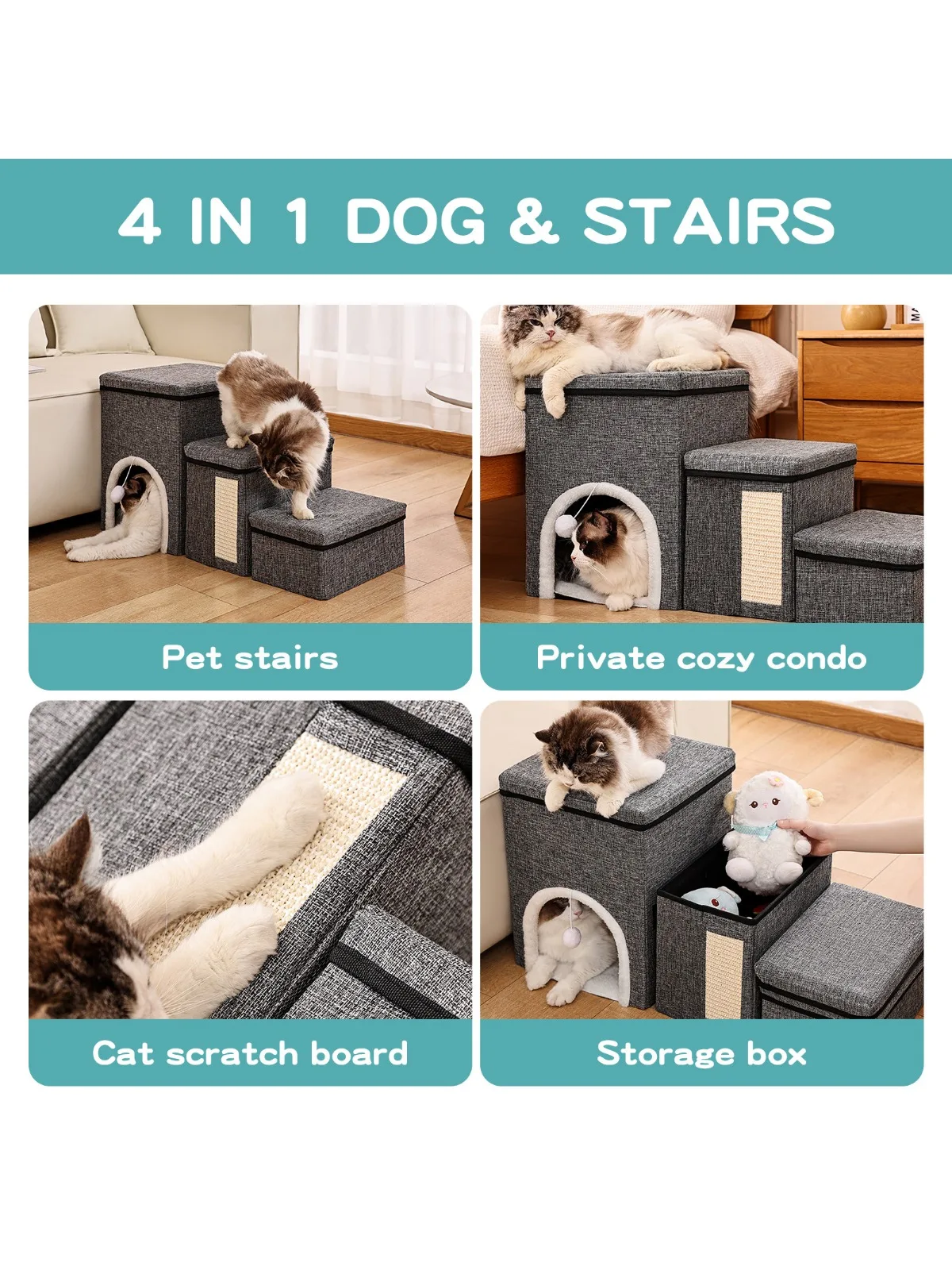 Hundetreppe für Kleine Hunde, 3-Stufen Haustiertreppe / Katzentreppe für Bett und Sofa, Faltbare Treppe mit Katzen- und Hundehöhle, Rutschfeste Basis