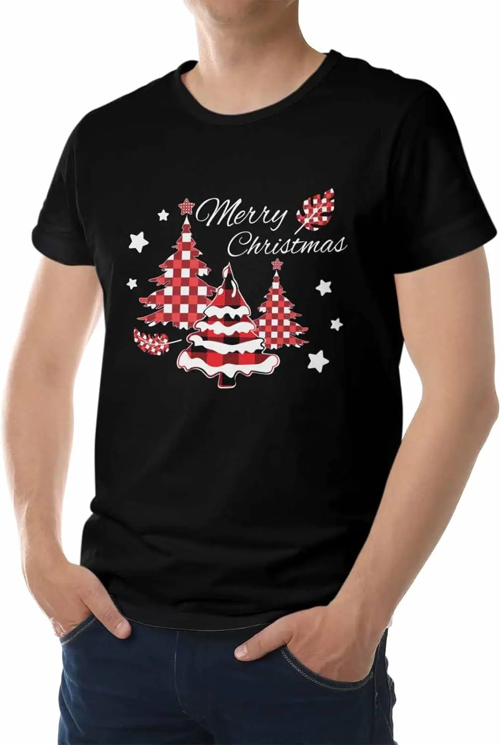 Men's T-Shirt, Novelty Graphic T-Shirt Merry Christmas Red Xmas Tree Stars Cotton Crew Neck Men's Short