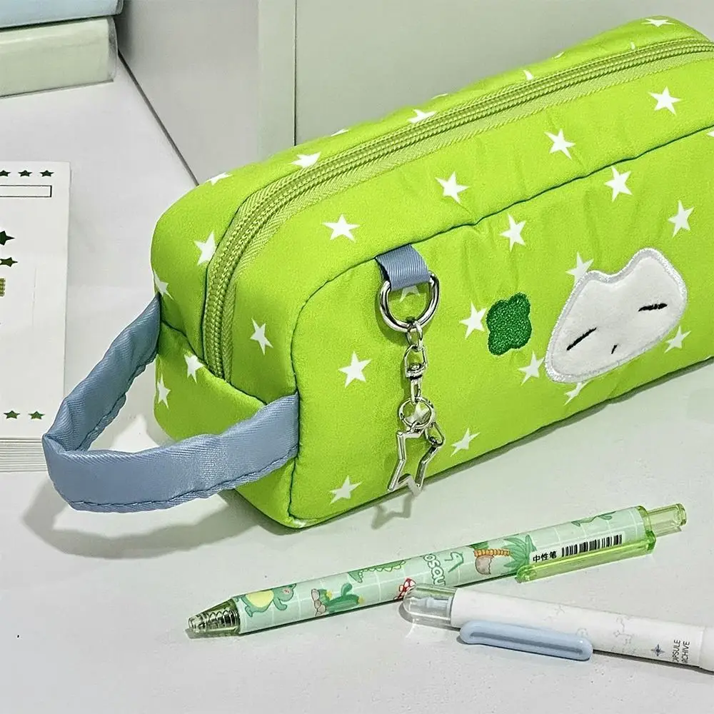 Borsa per penne verde Astuccio per matite portatile di grande capacità Borsa per riporre articoli di cancelleria con motivo a stella e gattino per studenti