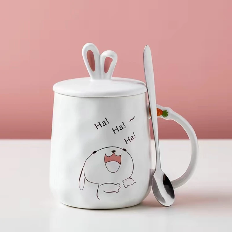 

Cute Rabbit Water Cup with Lid and Spoon for Girls, High Appearance, Office Coffee Cup, High Sense