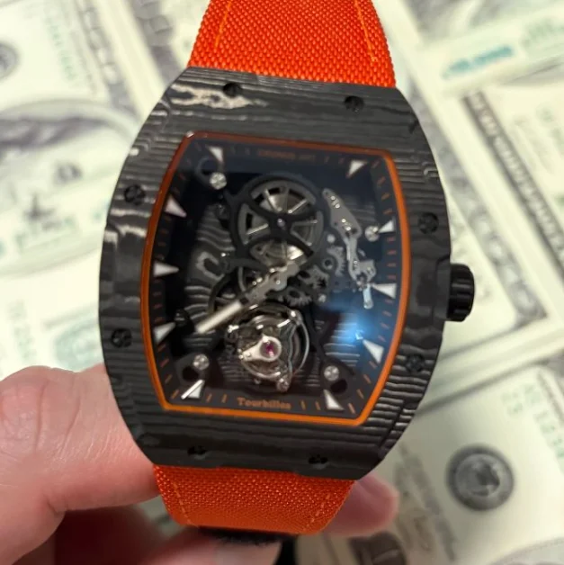CRONUSART Men Tourbillon Watch 50mm Tonneau Mechanical Wristwatch Carbon Fiber Case Luminous Sapphire Mirror Skeleton Dial