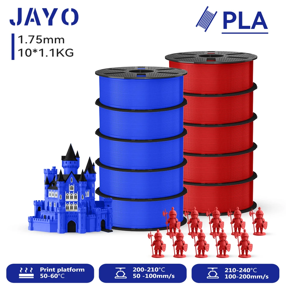 JAYO 10 Rollen 3D PLA Druckerfilament 1,75mm, ungiftig & blasenfrei, PLA-Kunststoff als 3D-Druckfilament für 99% der 3D-FDM-Drucker & -Stifte, 1,1KG/Rolle