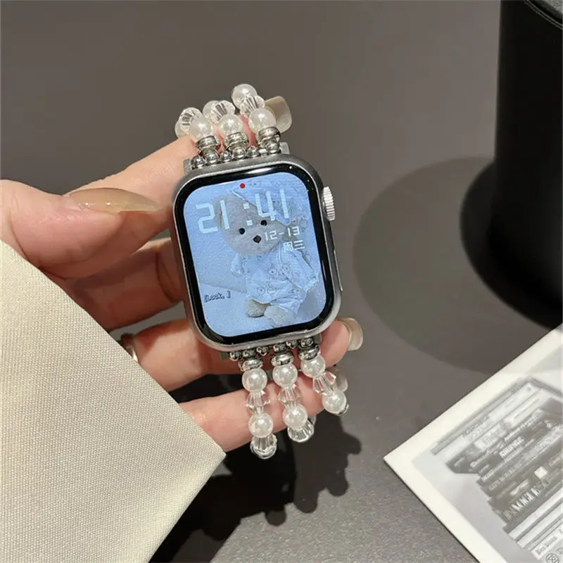 

Ремешок с белым жемчугом и кристаллами, совместимый с ремешком iWatch 38 мм, 40 мм, 41 мм, 42 мм, 44 мм, 45 мм, 49 мм, модный ремешок ручной работы