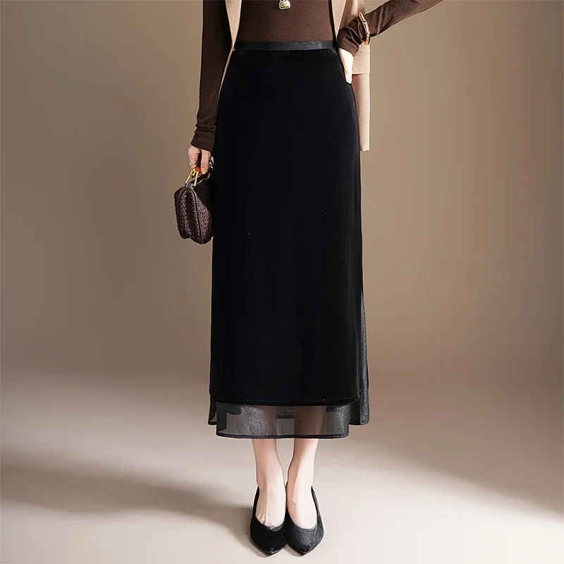 

Ele High-Waisted Velvet Skirt with Side Slit for Women Autumn New Sle Net Straight Long Skirt Bodycon Skirt