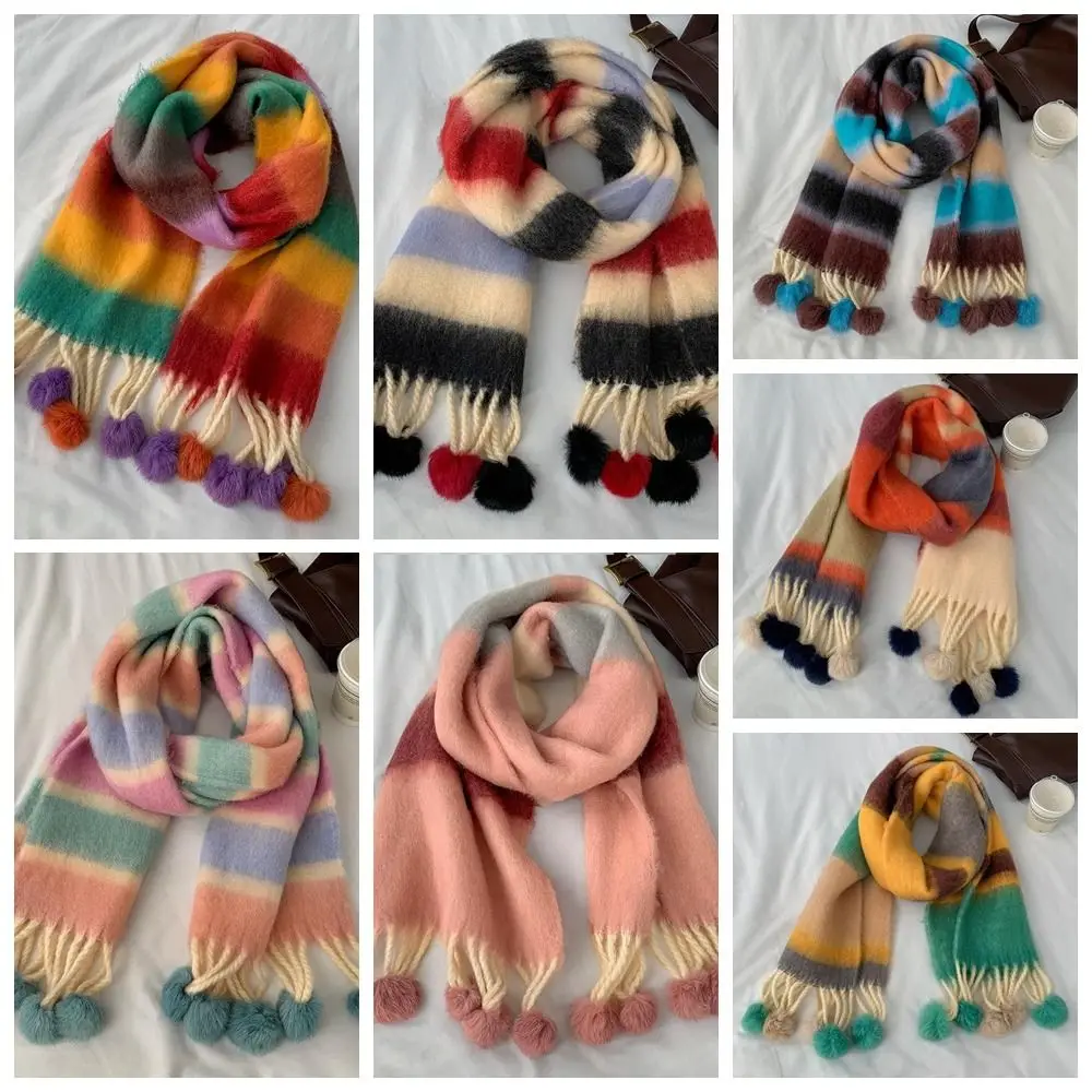 New Tassel Rainbow Striped Scarf Women Knitted Plaid Scarf Thicken Warm Cashmere Shawl Wool Scarves Female Winter Fashion Scarf