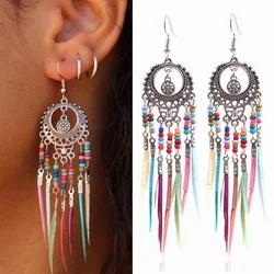 Bohemian Feather Earrings 2024 Ethnic Vintage Rainbow Colorful Beads Feather Tassle Earrings For Women Hawaiian Jewelry