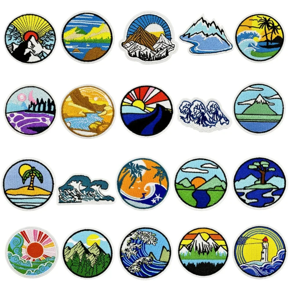 Cartoon Nature Scenery Embroidered Circle Patch Sea Waves Applique Mountain River Forest Iron Ons Sunrise Badge for Outdoor Wear