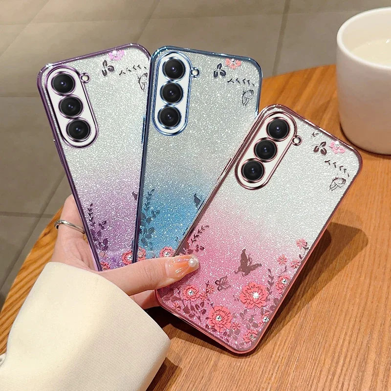 Luxury Glitter Butterfly Flower Phone Case For Samsung Galaxy S23 S22 S21 S20 FE S10 S9 S8 Plus Ultra Note 20 10 Gradient Cover