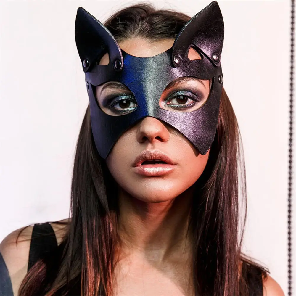 Women Cosplay Sexy Cat Ear Mask Fetish Halloween Party Cosplay Costume Eyemask Leather Mask Costume Wedding Decoration