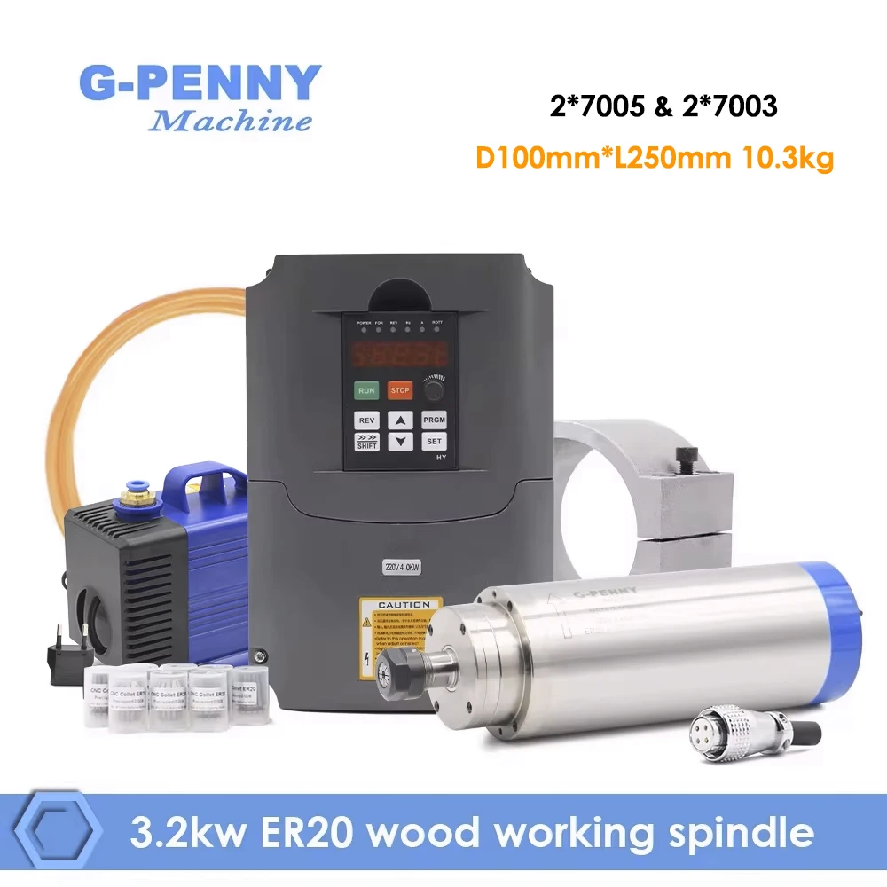 

Комплект двигателя шпинделя с водяным охлаждением G-PENNY 3,2 кВт ER20, регулятор скорости двигателя HY 220 В, 4,0 кВт, кронштейн 100 мм и водяной насос