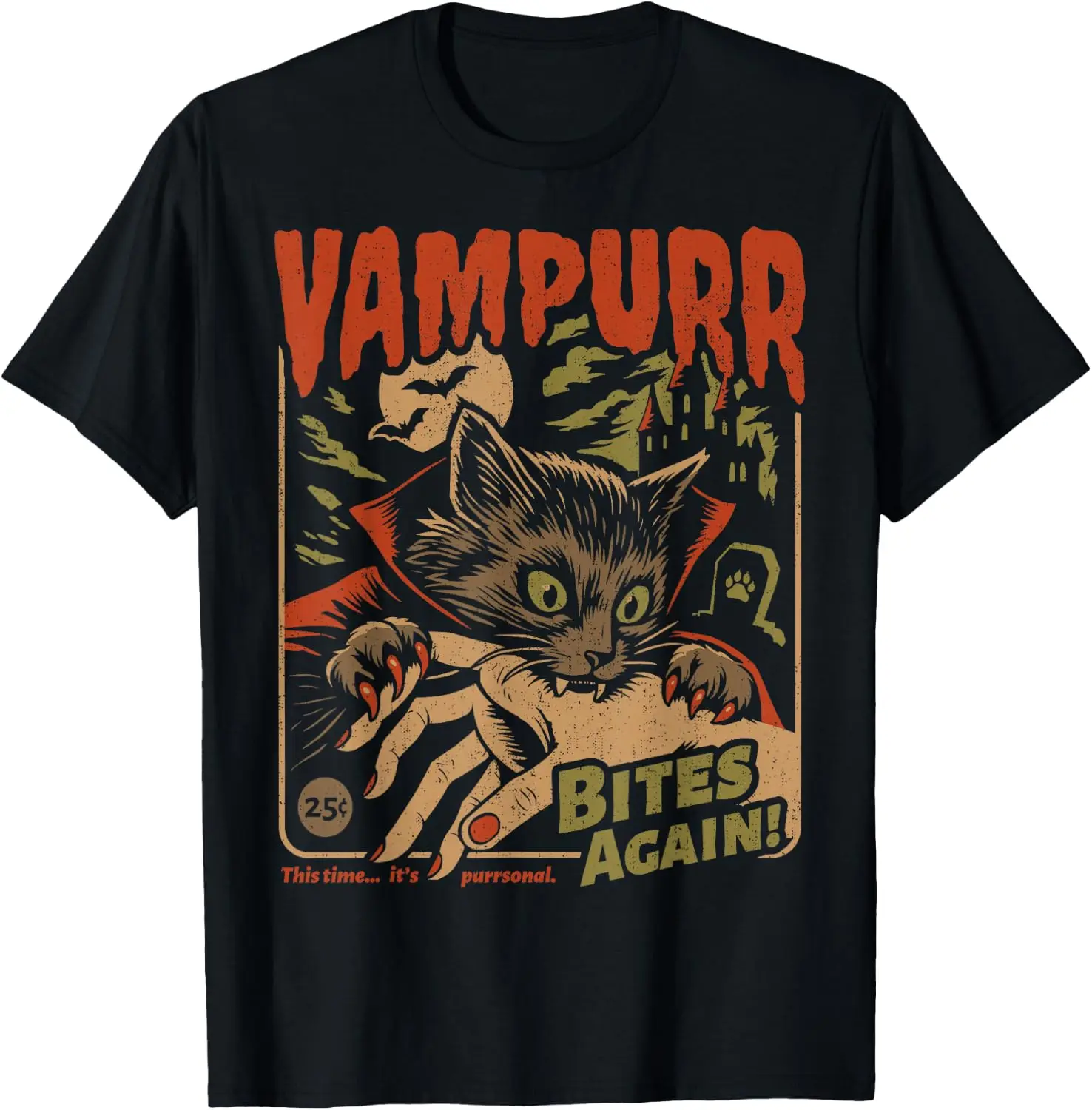 Vampurr Bites Again! Funny Cat Halloween Vintage Graphic T-Shirt Men Halloween Festival Printed Graphic Tee, Casual Crew Neck Short Sleeve Spooky Gothic T‑Shirt for Holiday Party and Halloween Gift for Men.