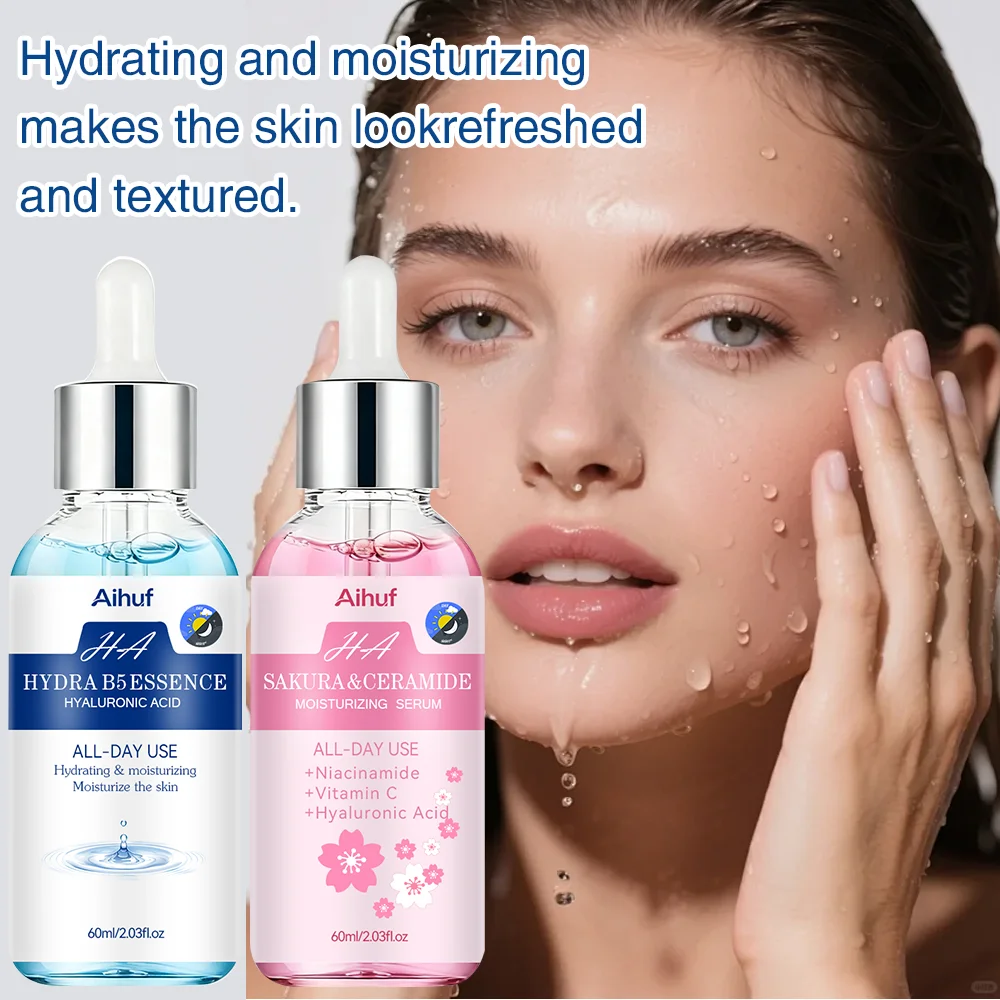 AIHUF Sakura Ceramide B5 Essence Set 2pcs Hydrating Tightening Skin Care Vitamin C Triple Hyaluronic Acid for Men Women Face Nec