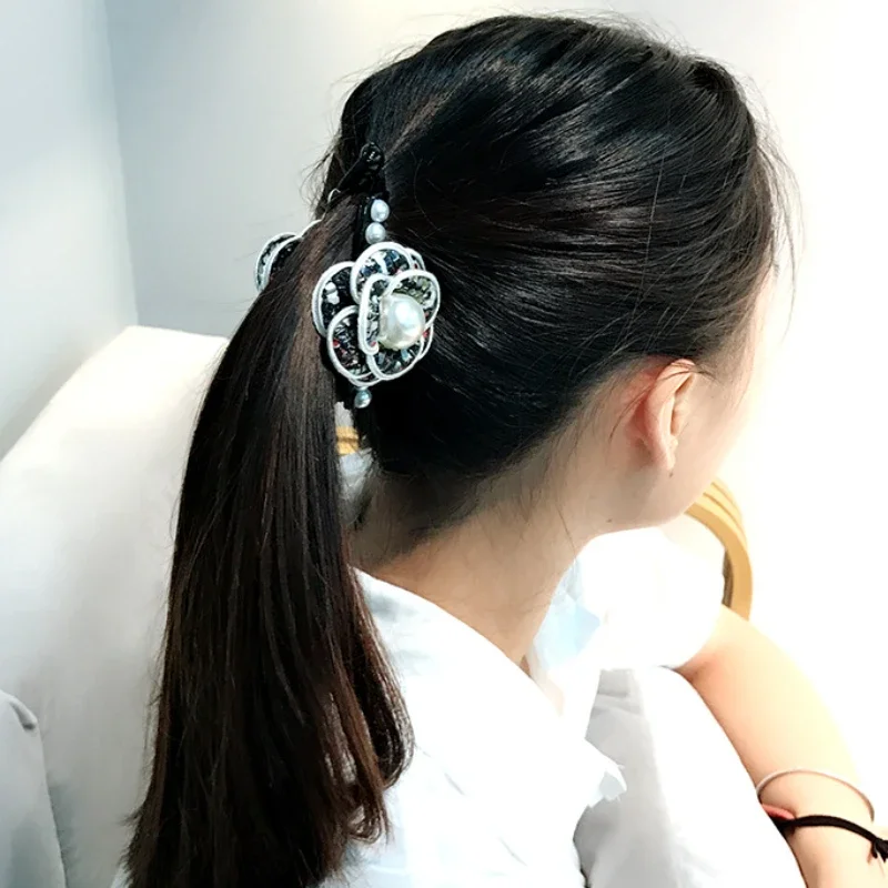 New Korean Vertical Hair Clip Elegant Imitate Pearl Flower  Claws Women Girls Ponytail Banana pin Barrettes Headdress