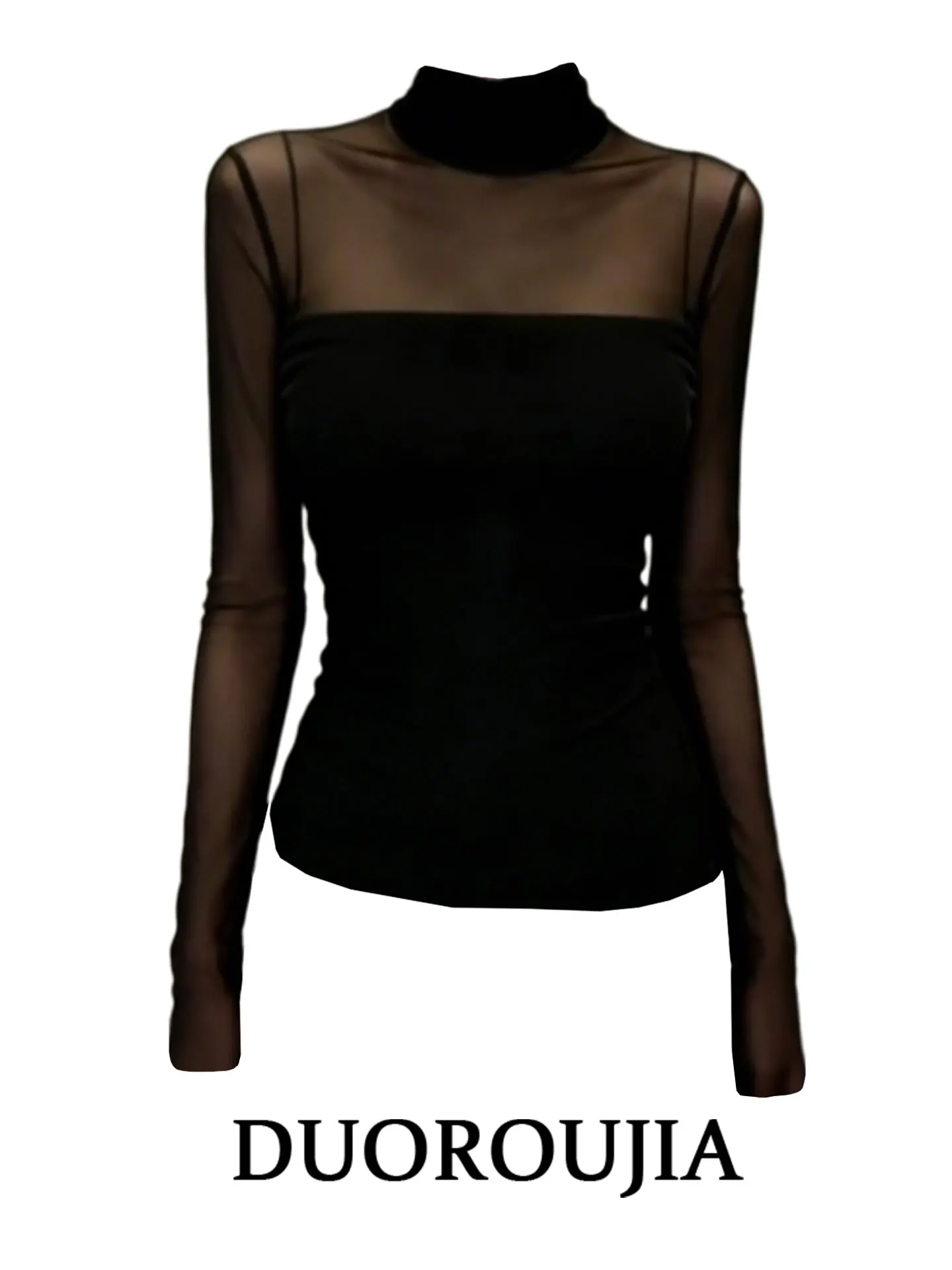 

Slim Fit Mesh Splice Base Shirt Women's plus Size High Neck Transparent Design Korean Style Winter Fashion Casual Top