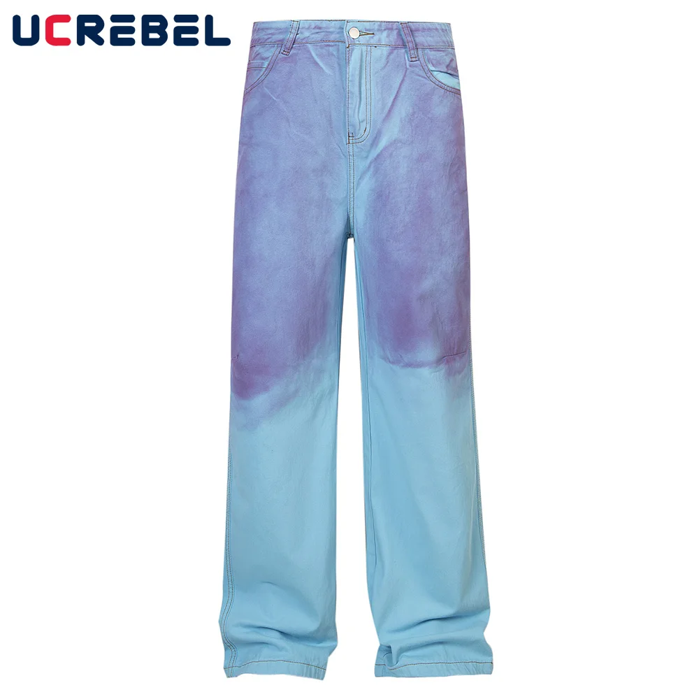 Gradient Dyed Casual Pants Mens Distressed High Street Loose Straight-leg Wide Leg Trousers Men