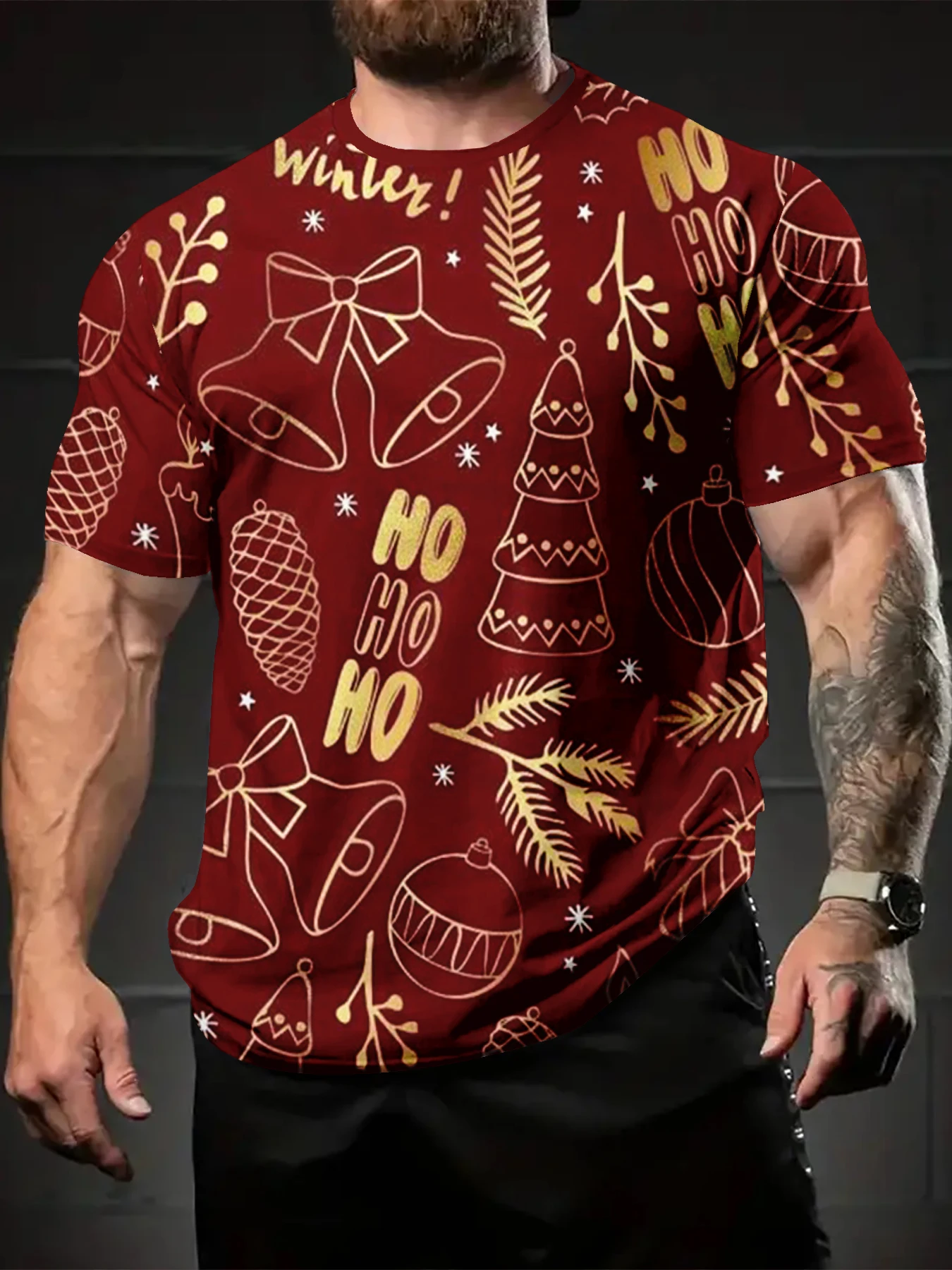 Crew Neck T-Shirt For Men, Red Background Christmas Tree Bauble Line Sketch Pattern