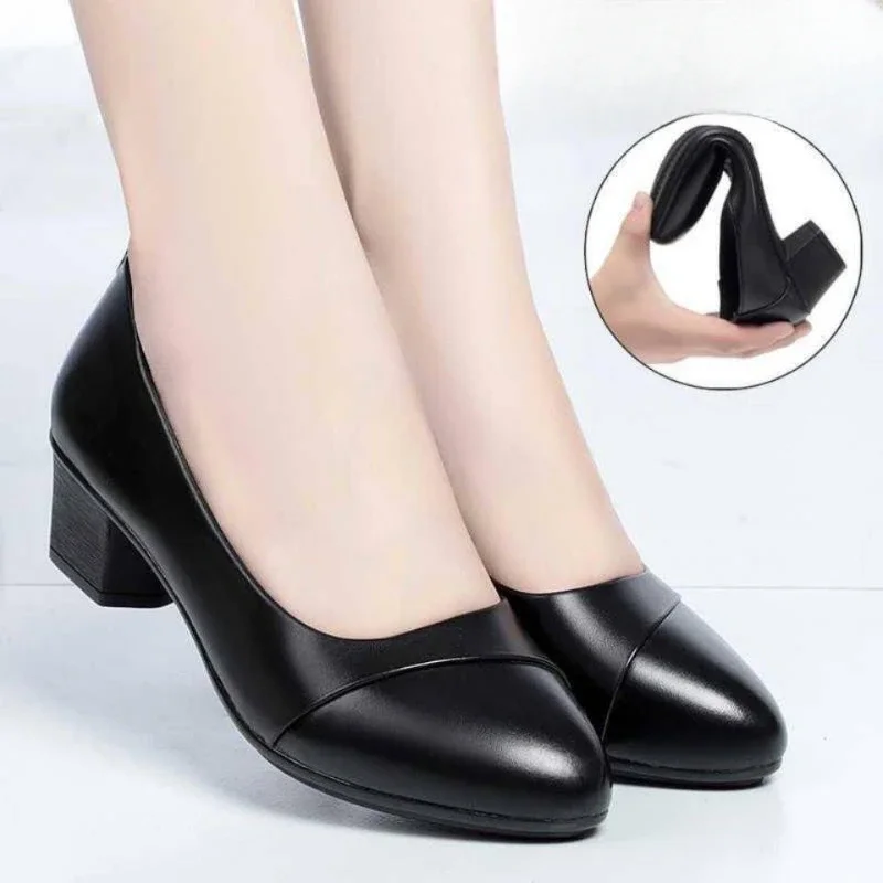 Fashion Women\'s High Heels Patent Leather Work Shoes Comfortable Women Heeled Shoes Pu Leather Loafers Square Heeled Talon Femme