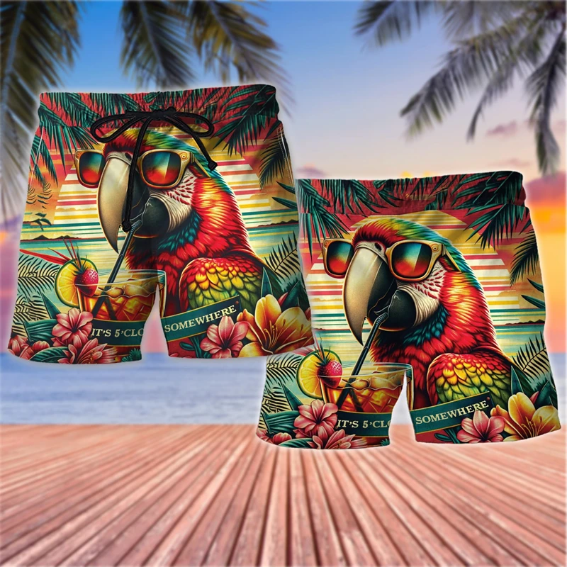 Fashion Parrot Graphic Hawaiian Short Pants Summer Casual Surfing Vacation 3D Printed Beach Shorts Loose Harajuku Swim Trunks