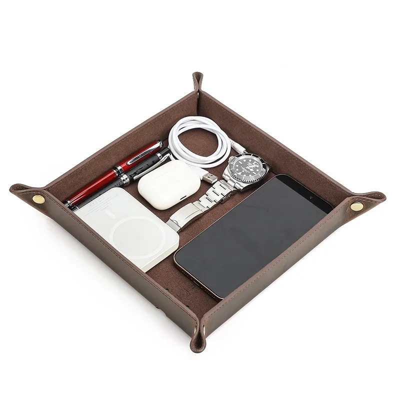 

Handmade Square Tray Vintage Crazy Horse Leather With 15W Wireless Charging Desktop Organizer Stationery Holder Office Supplies