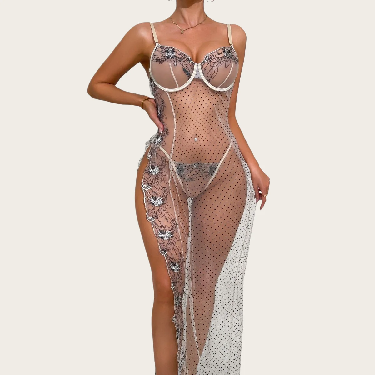 

Fashion Women's Lingerie Sets Sexy Hot Nova Dress Thong 2PC Daring Sheer Embroidered Lace Polka Dot Split Sleepwear
