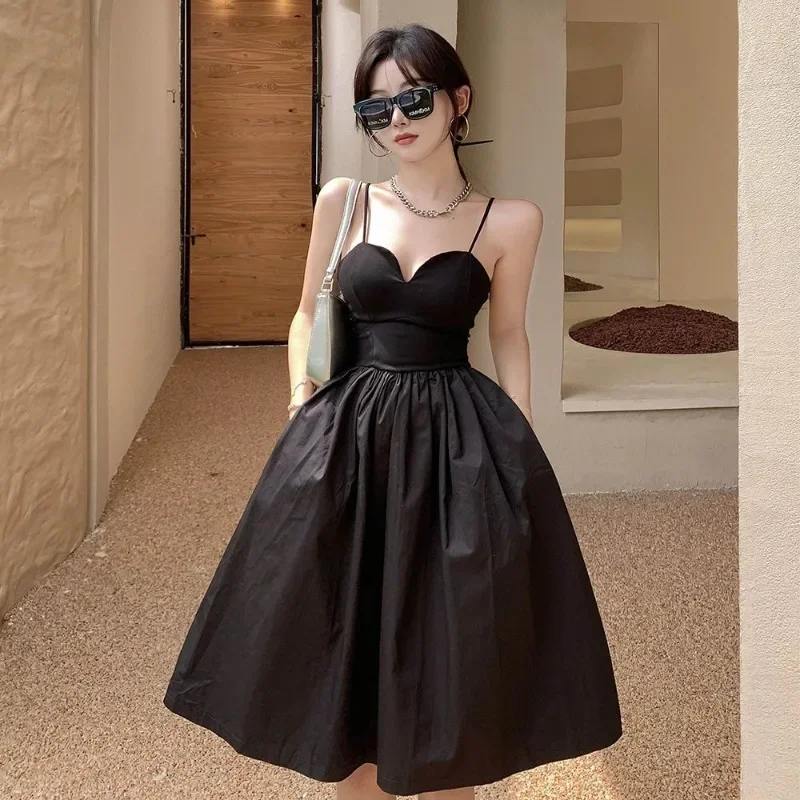 Black Dresses Women Spaghetti Strap Hepburn Goddess Strapless Nightclub Sexy Knee-length Fairy Graceful Vestidos Famous Lady