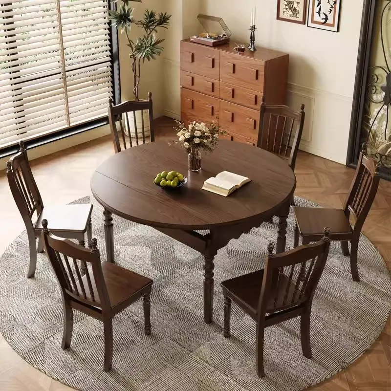 

French vintage solid wood dining table and chairs round table dining household square round table ash wood small apartment Ameri