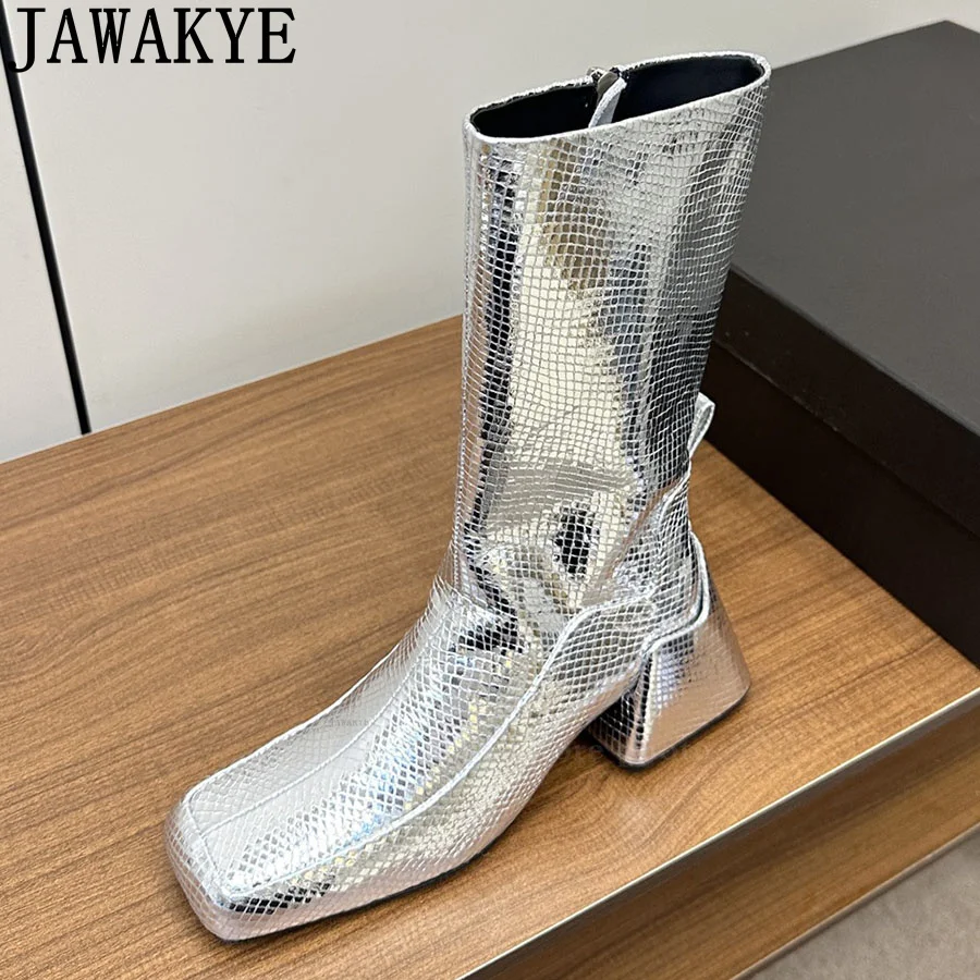 Glitter Square Toe Chunky Heel Punk Boots Women Real Leather Side Zipper Slip-On Ankle Boots Winter Runway Fashion Week Boots