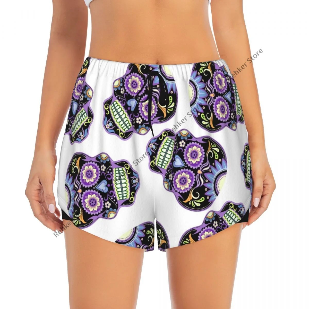 Sugar Skulls Shorts esportivos femininos de camada dupla de secagem rápida para lazer ao ar livre, corrida, fitness, treino, esporte