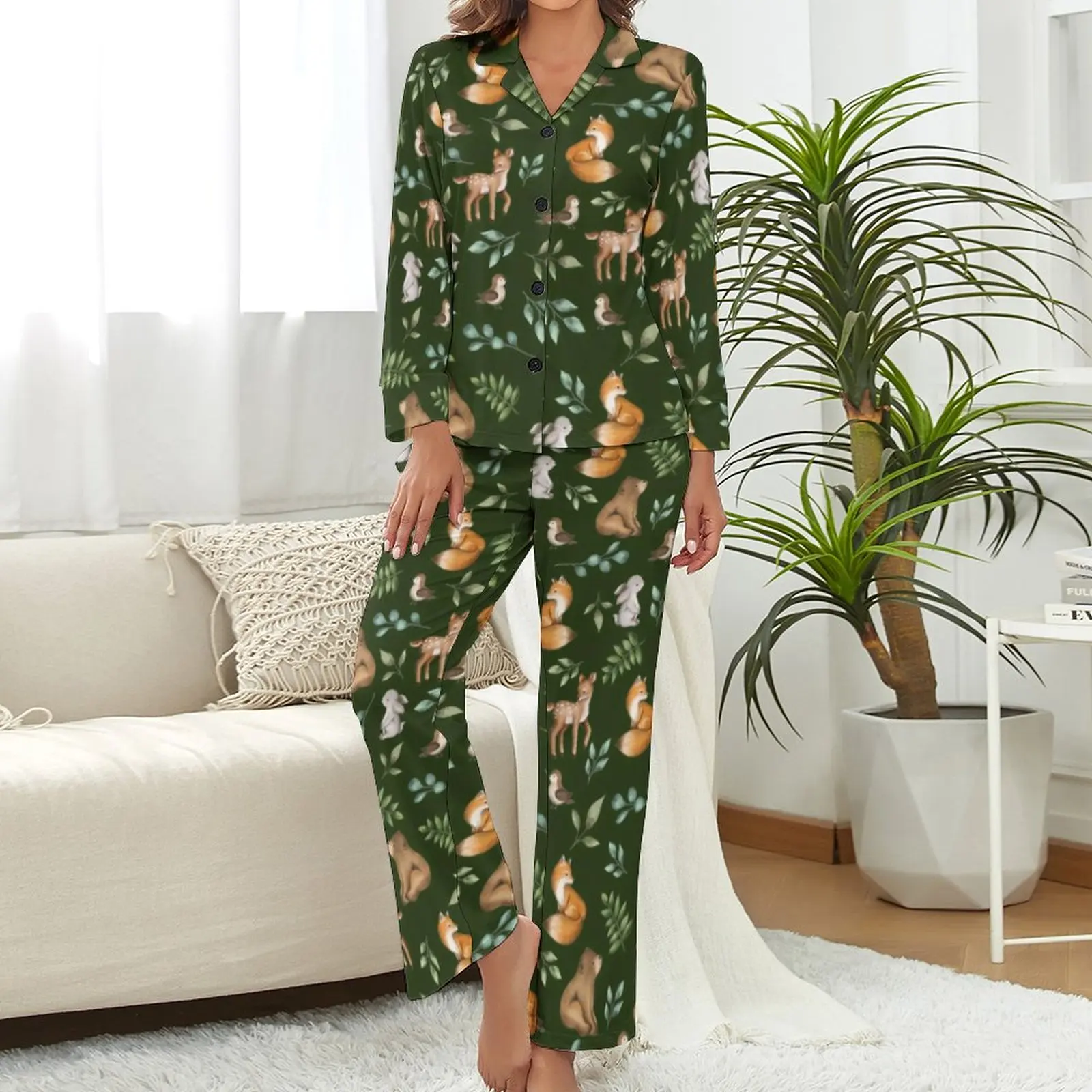 Kawaii Bear Fox Pajamas Women Forest Animal Print Soft Sleepwear Spring Long Sleeve 2 Piece Aesthetic V Neck Graphic Pajamas Set