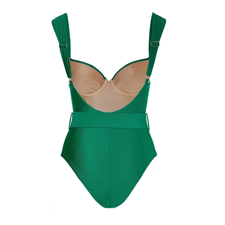 2024 New Retro Sling Belt Green One Piece Swimsuit and Skirt Swimwear Clearance Wholesale Beachwear Bathing Suit
