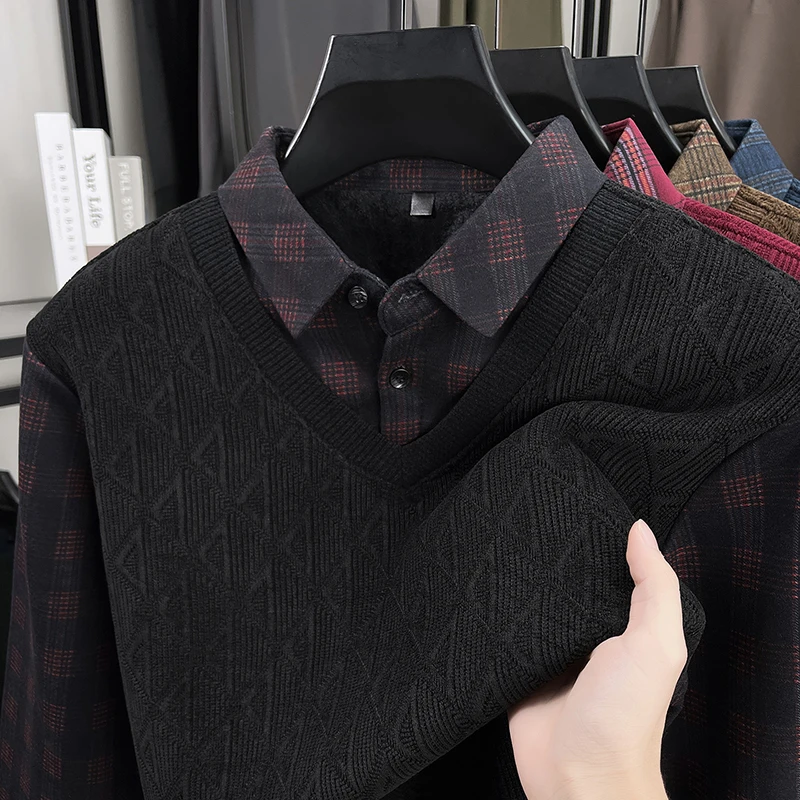 Colletto della camicia maglione lavorato a maglia da uomo di alta qualità con peluche addensato falso in due pezzi inverno versatile tendenza casual abbigliamento da uomo