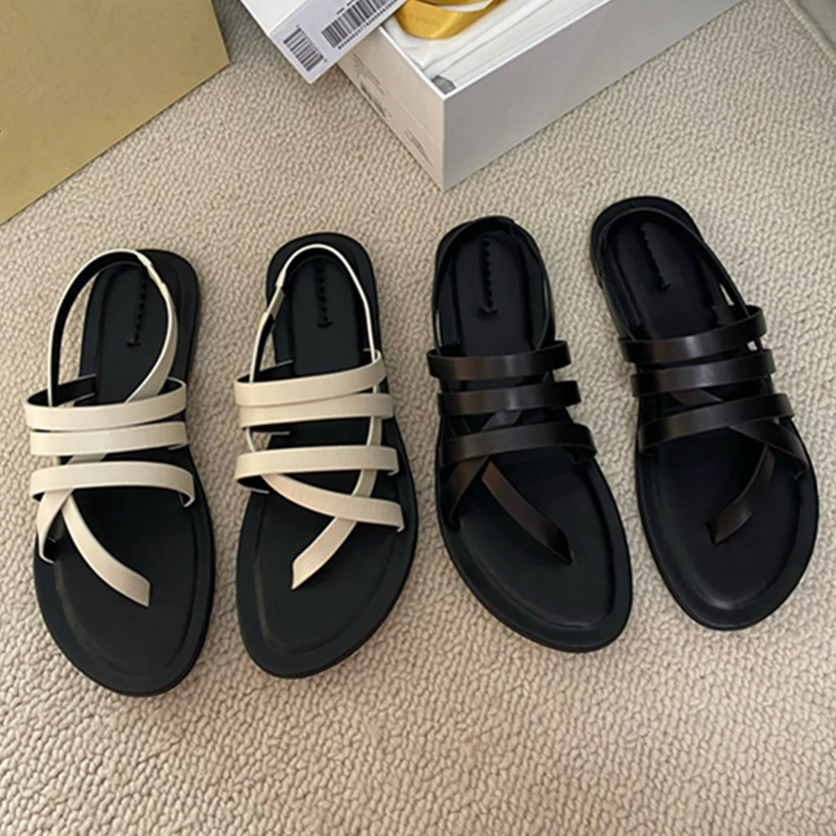 

Maxdutti 2025 Summer Sandals Minimalist Women's Genuine Leather Roman Sandals French Contrasting Retro Elegant Flat Slippers Wom