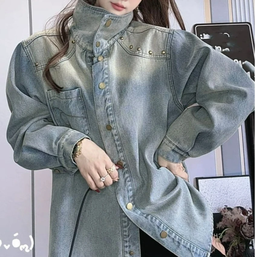 Retro Denim Shirt Women's Winter Velvet Thickened Inner Fit Old Rivets Women's Loose Denim Jacket Women