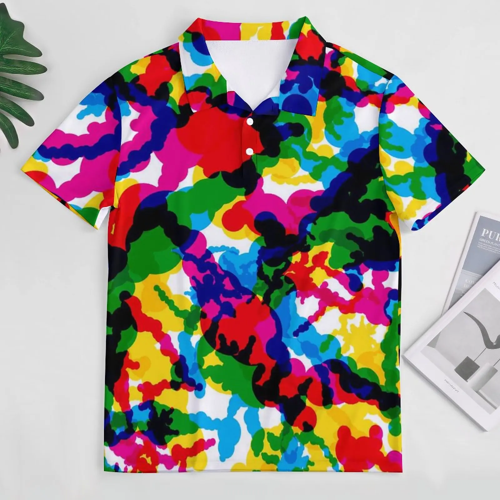 Rainbow Print Casual T-Shirts Colorful Graffiti Polo Shirt Turn Down Collar Cool Shirt Beach Male Graphic Tops Big Size