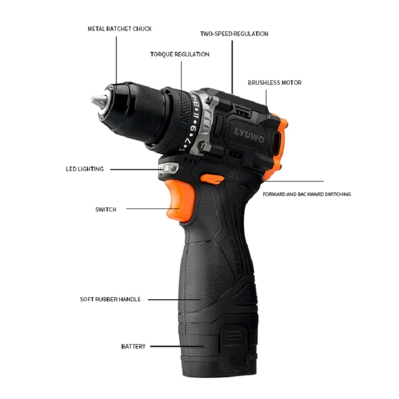 LYUWO 16.8V Brushless Cordless Hand Drill Self-locking Chuck Electric Screwdriver 21+1 Adjustable Torque 2-speed Electric Tool