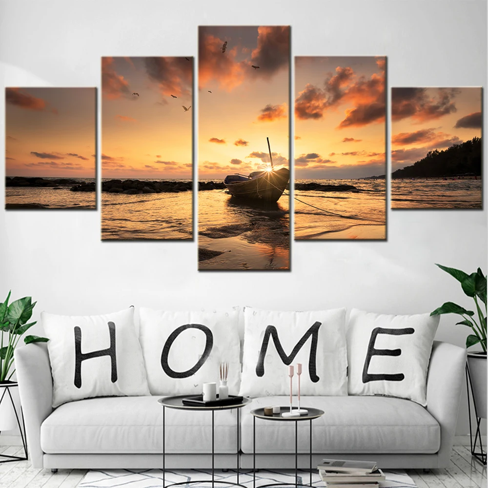 

5Pcs Wall Art Canvas Painting Sunset Beach Boat Picture Seascape Home Decor Poster Print Aesthetic Room Decoration Framework