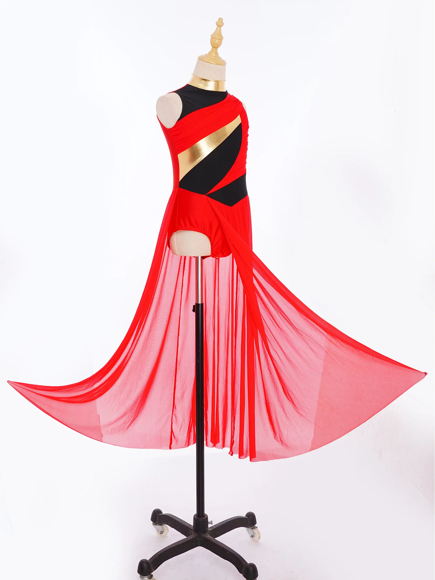 Kids Girls Modern Contemporary Dance Costume Mock Neck Sleeveless Ruched Mesh Overlay Bodice Side Split Lyrical Dance Dress