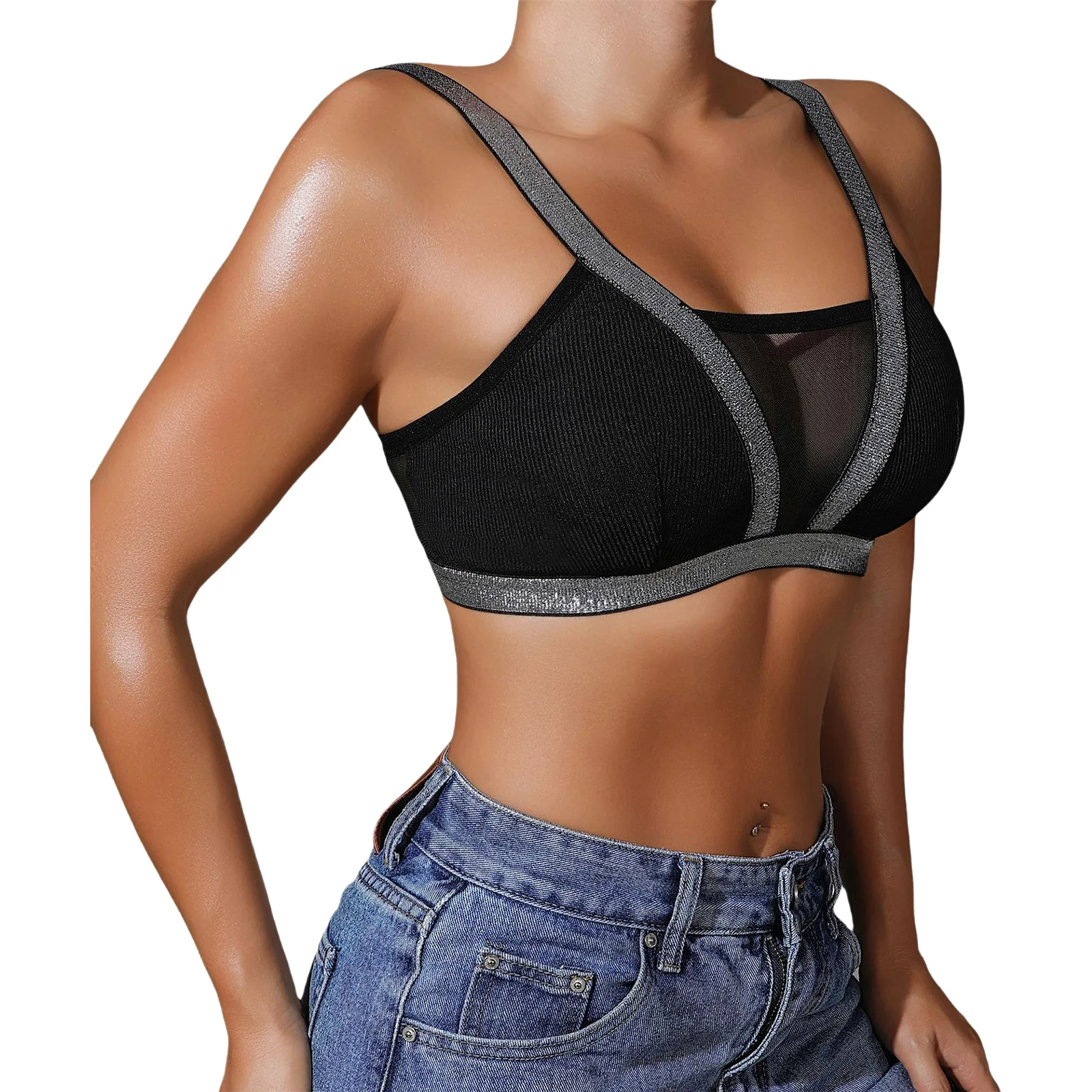 

Women Exercise Warm-up Yoga Athletic Bra Sleeveless Shimmery Trim Camisole Cropped Vest for Sports Running Gym Fitness Workout