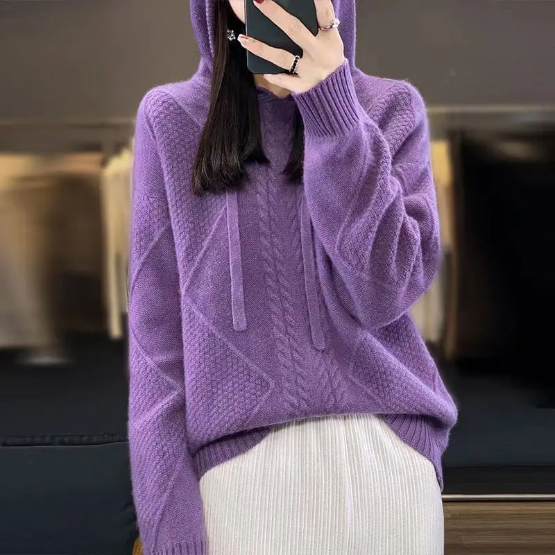 

The Season Autumn Winter Thickened Woolen Knitwear Hooded Loose Base Layer Women's Sweatshirt Casual E11567