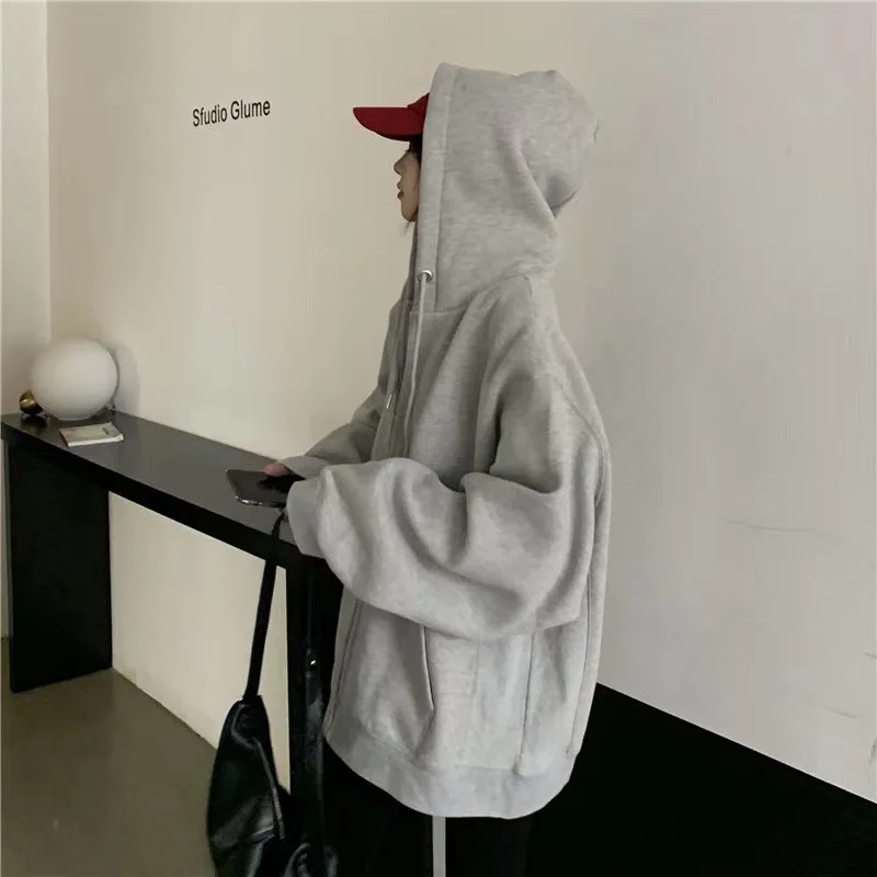 Harajuku Korean Women Hoodies Zip Up Coat Oversized Loose Sweatshirts Casual Solid Long Sleeve Sweatshirt Coats Hooded Jacket