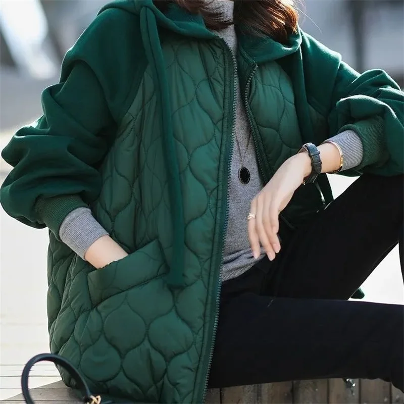 Large Size New Hooded Spliced Down Cotton Coat Thick Warm Puffer Jacket Female Korean Loose Cotton Padded Overcoat Quilted Parka