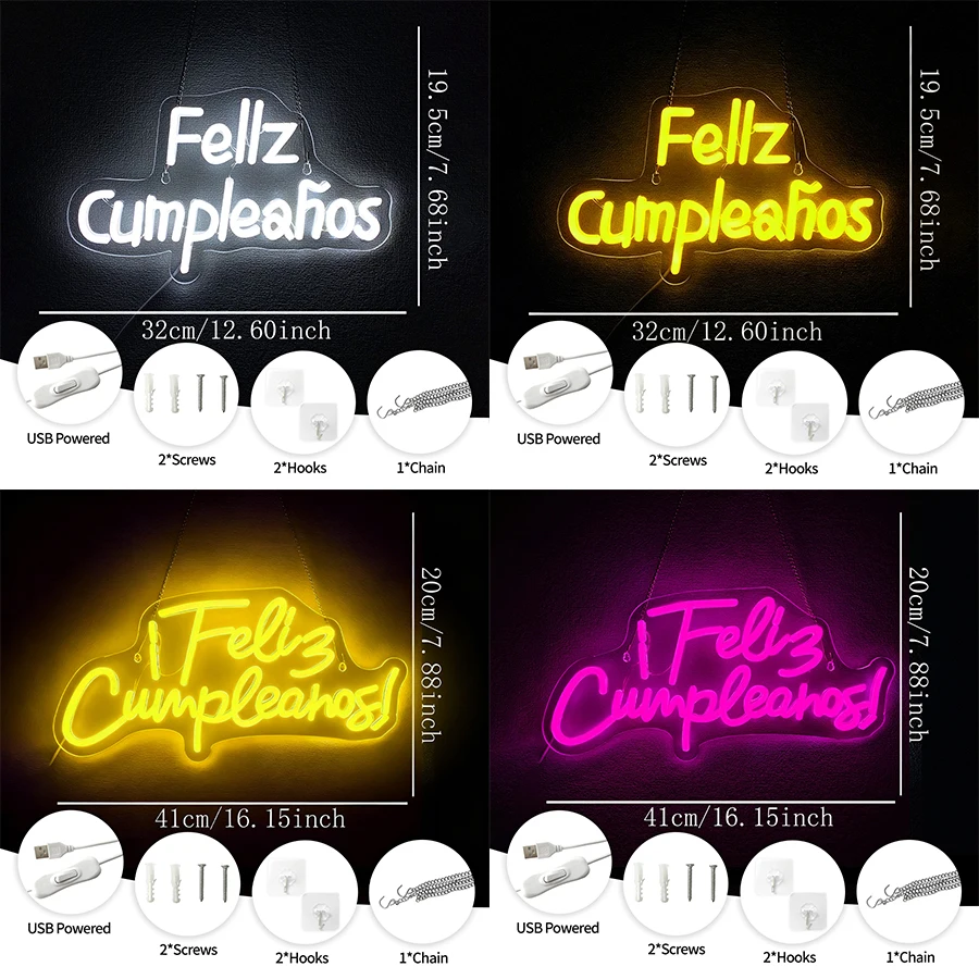 Feliz Cumpleaños Led Neon Sign, Spanish Blessing Icon, Usb Powered, Suitable For Birthday Party Background Decor Of Any Age.