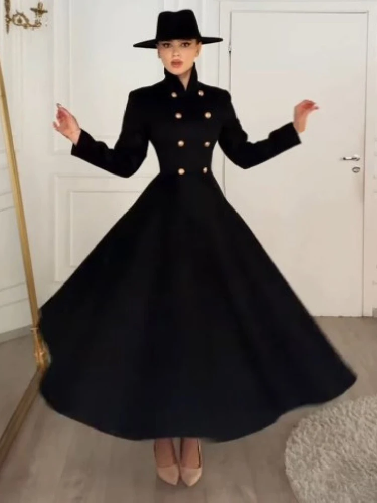 Retro Stand Collar Metal Button Maxi Coat Lady Double Breasted Cinched Waist A-line Flared Overcoat Fall Winter Party Outerwear